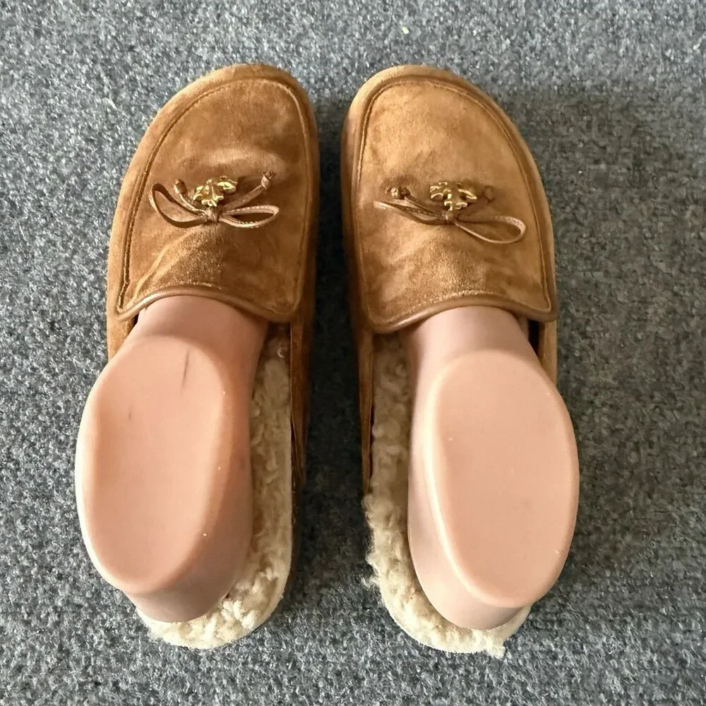 Tory Burch Tory Charm Suede Shearling Mules Toasted Caramel Cozy Clog Slipper 9
